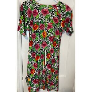 Vintage 80s Black White Pink Picone Sport Leopard Floral Mini Dress Summer Small